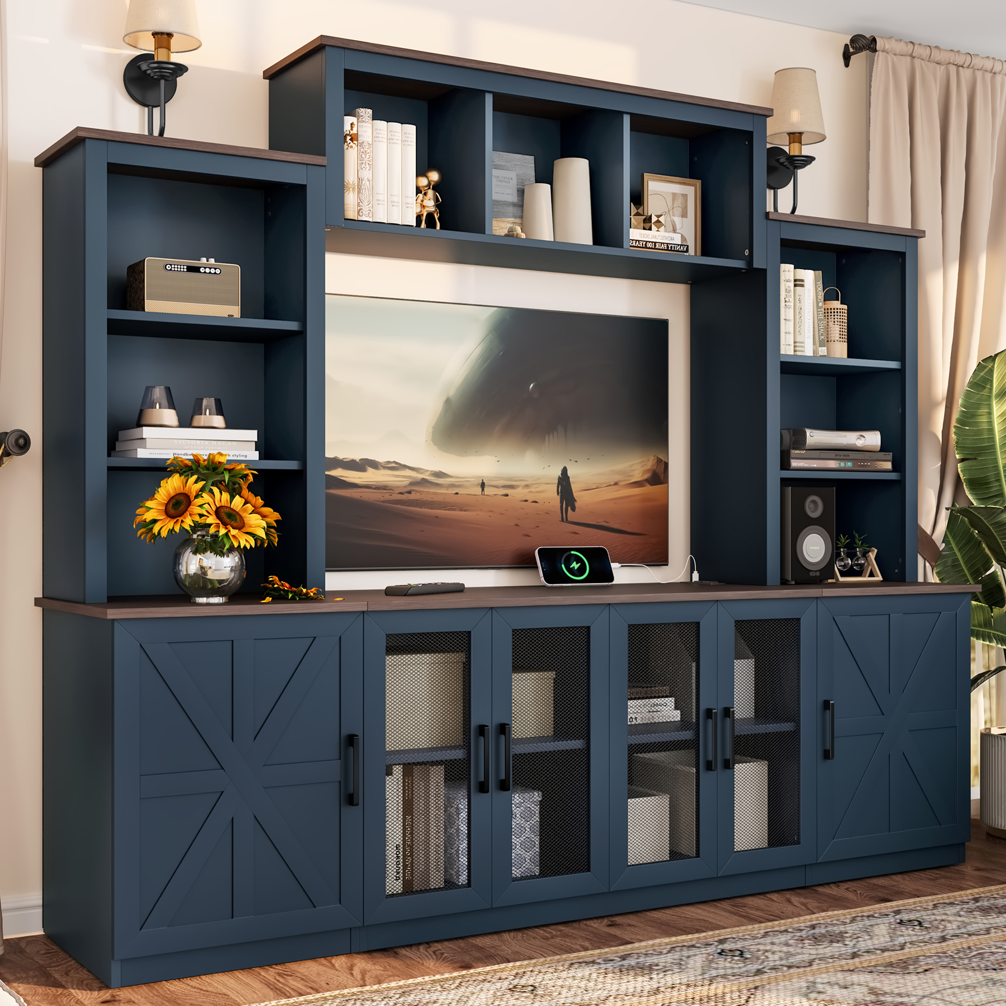 Wall Unit Entertainment Center with Charging Station and USB Charging for TVs,TV Stand with Large Storage Cabinet,Modern TV Stand Media Console with Cabinets,Blue - Image 2
