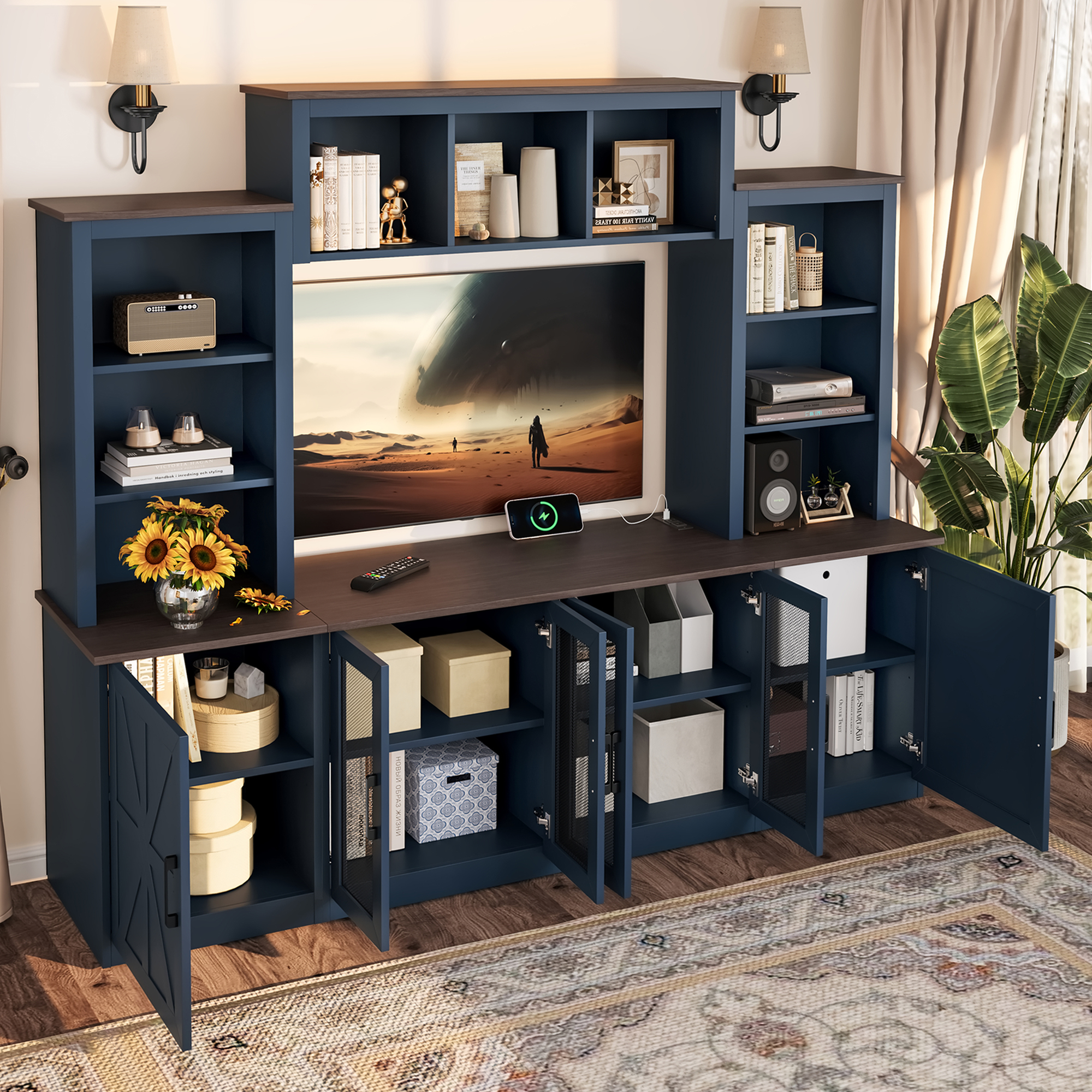 Wall Unit Entertainment Center with Charging Station and USB Charging for TVs,TV Stand with Large Storage Cabinet,Modern TV Stand Media Console with Cabinets,Blue - Image 3