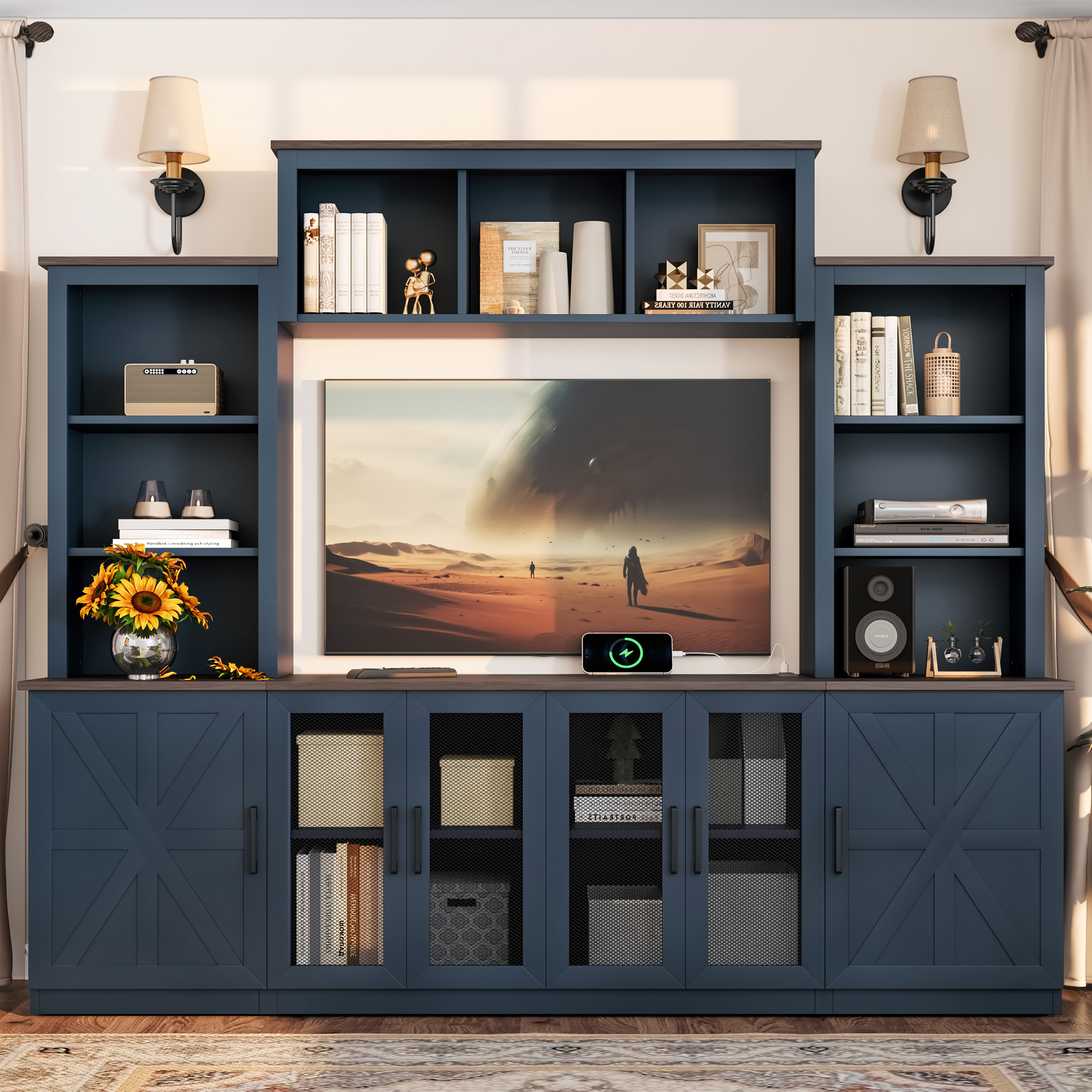 Wall Unit Entertainment Center with Charging Station and USB Charging for TVs,TV Stand with Large Storage Cabinet,Modern TV Stand Media Console with Cabinets,Blue - Image 4