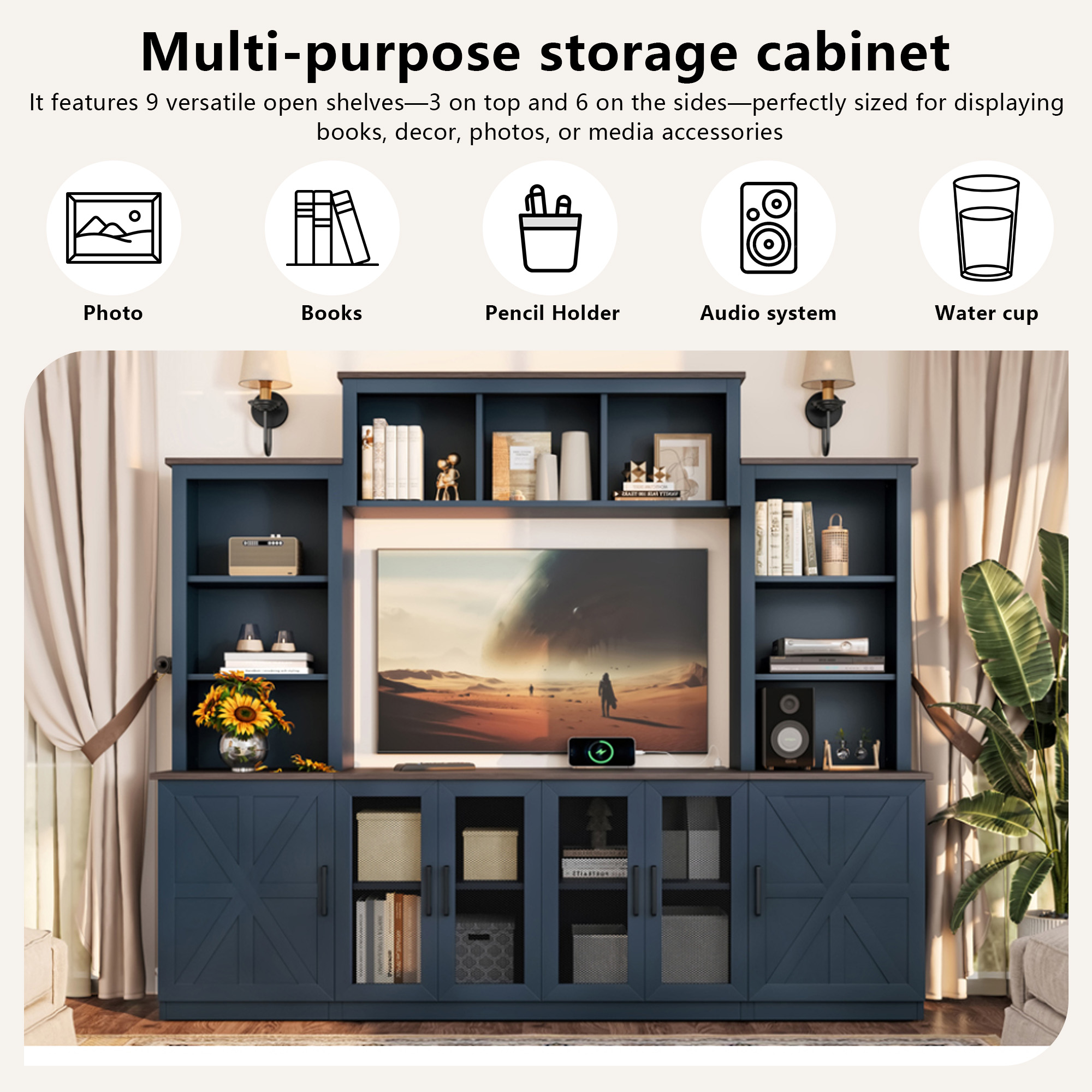 Wall Unit Entertainment Center with Charging Station and USB Charging for TVs,TV Stand with Large Storage Cabinet,Modern TV Stand Media Console with Cabinets,Blue - Image 5