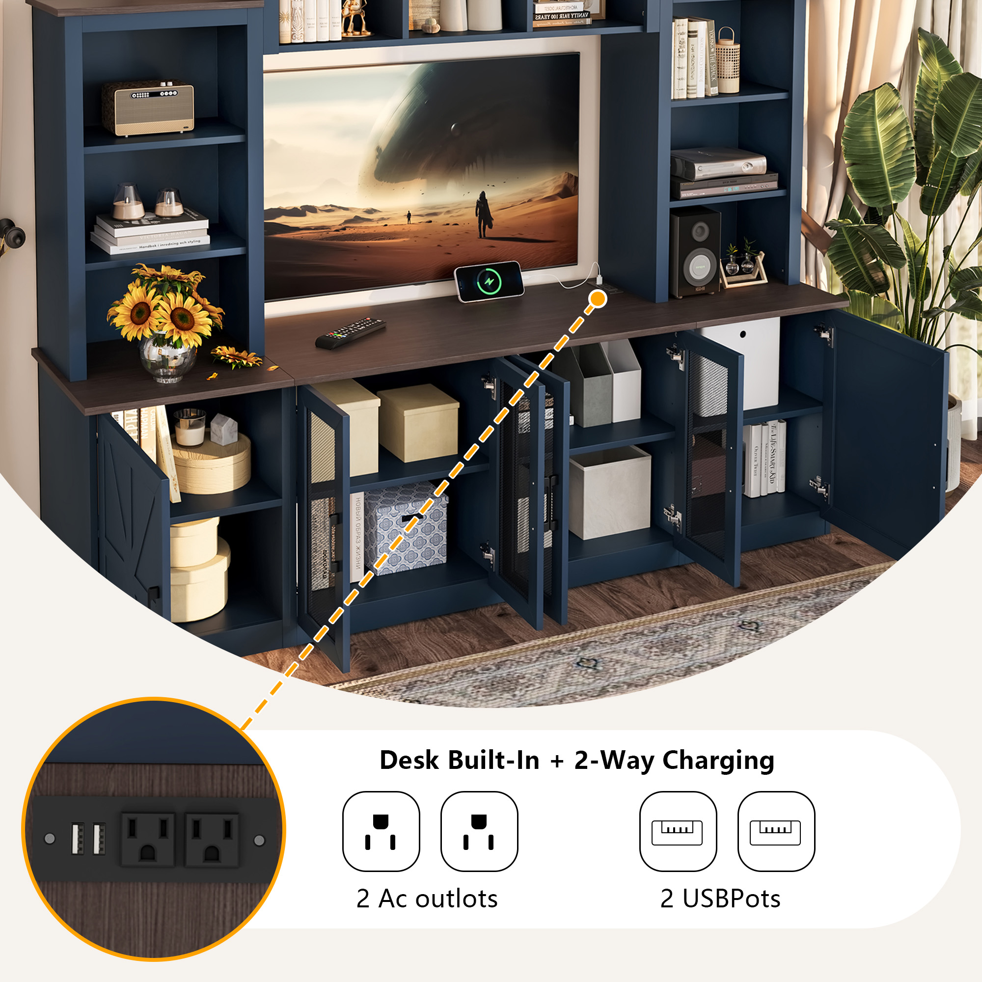 Wall Unit Entertainment Center with Charging Station and USB Charging for TVs,TV Stand with Large Storage Cabinet,Modern TV Stand Media Console with Cabinets,Blue - Image 6