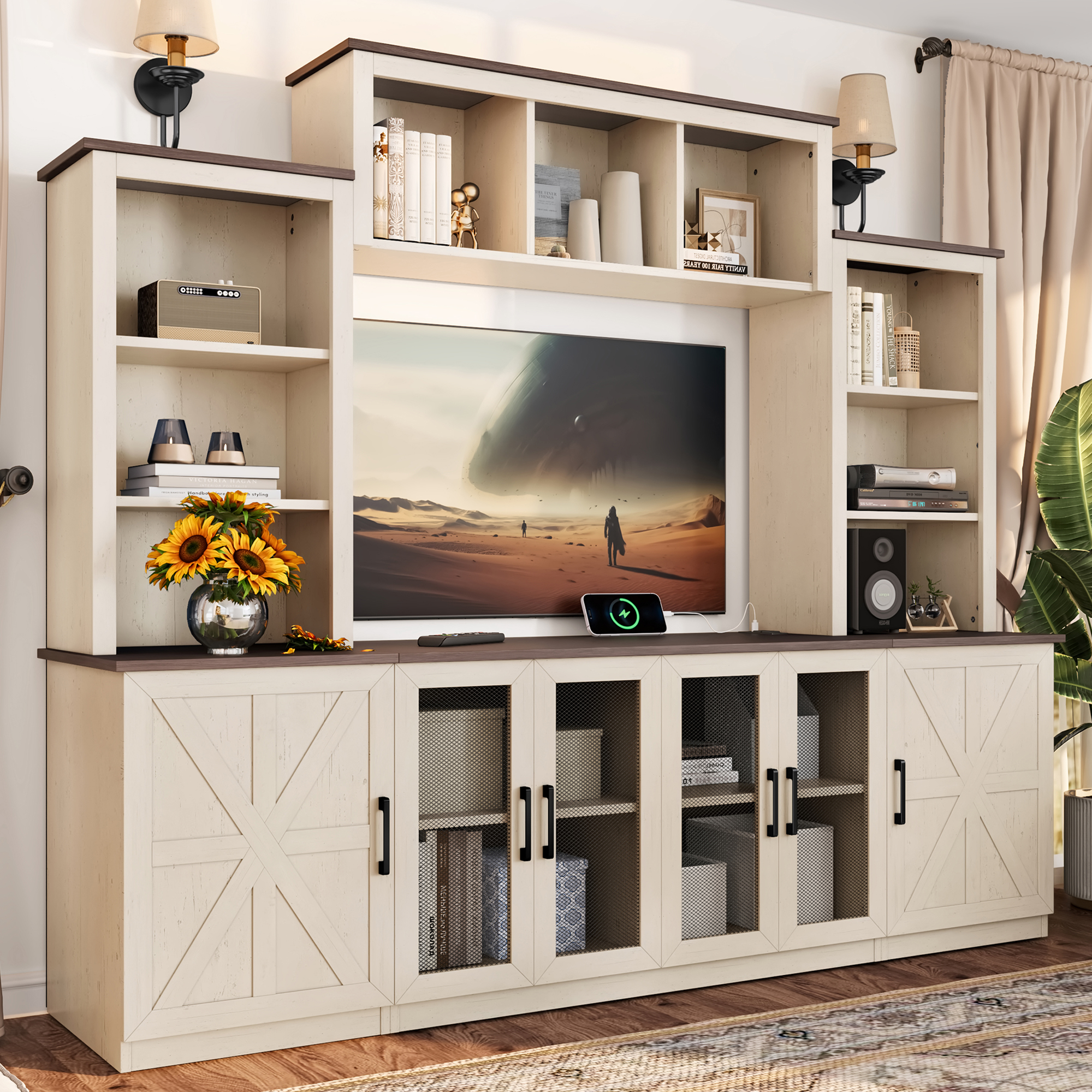 Wall Unit Entertainment Center with Charging Station and USB Charging for TVs,TV Stand with Large Storage Cabinet,Modern TV Stand Media Console with Cabinets,Beige - Image 2