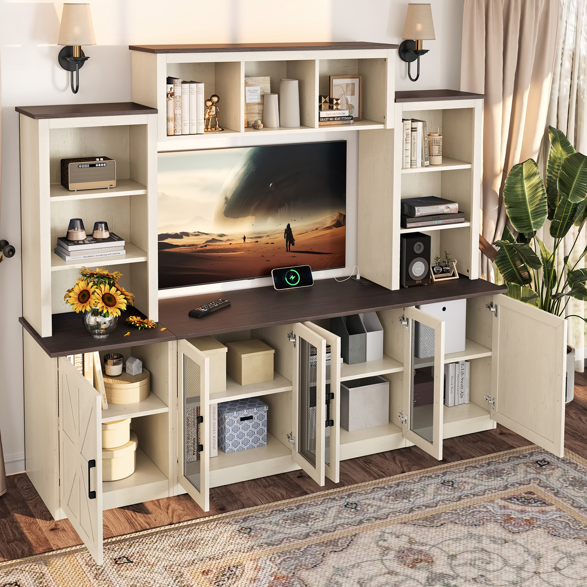 Wall Unit Entertainment Center with Charging Station and USB Charging for TVs,TV Stand with Large Storage Cabinet,Modern TV Stand Media Console with Cabinets,Beige - Image 3