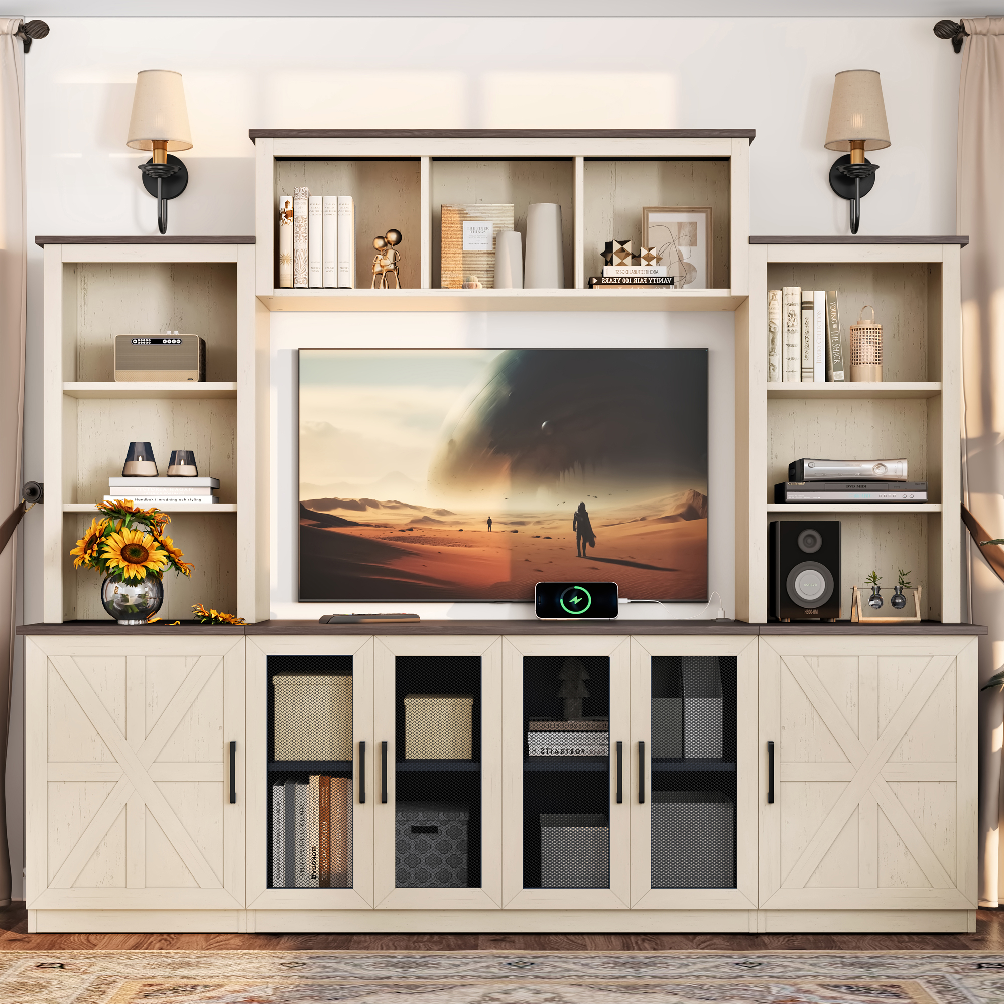 Wall Unit Entertainment Center with Charging Station and USB Charging for TVs,TV Stand with Large Storage Cabinet,Modern TV Stand Media Console with Cabinets,Beige - Image 4