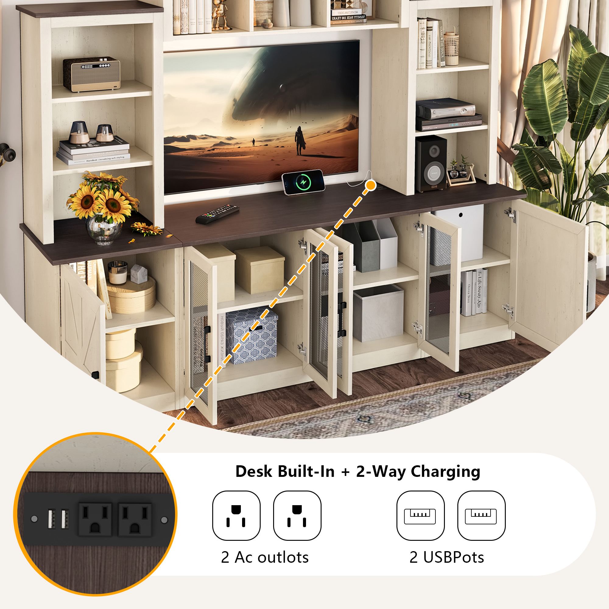 Wall Unit Entertainment Center with Charging Station and USB Charging for TVs,TV Stand with Large Storage Cabinet,Modern TV Stand Media Console with Cabinets,Beige - Image 6