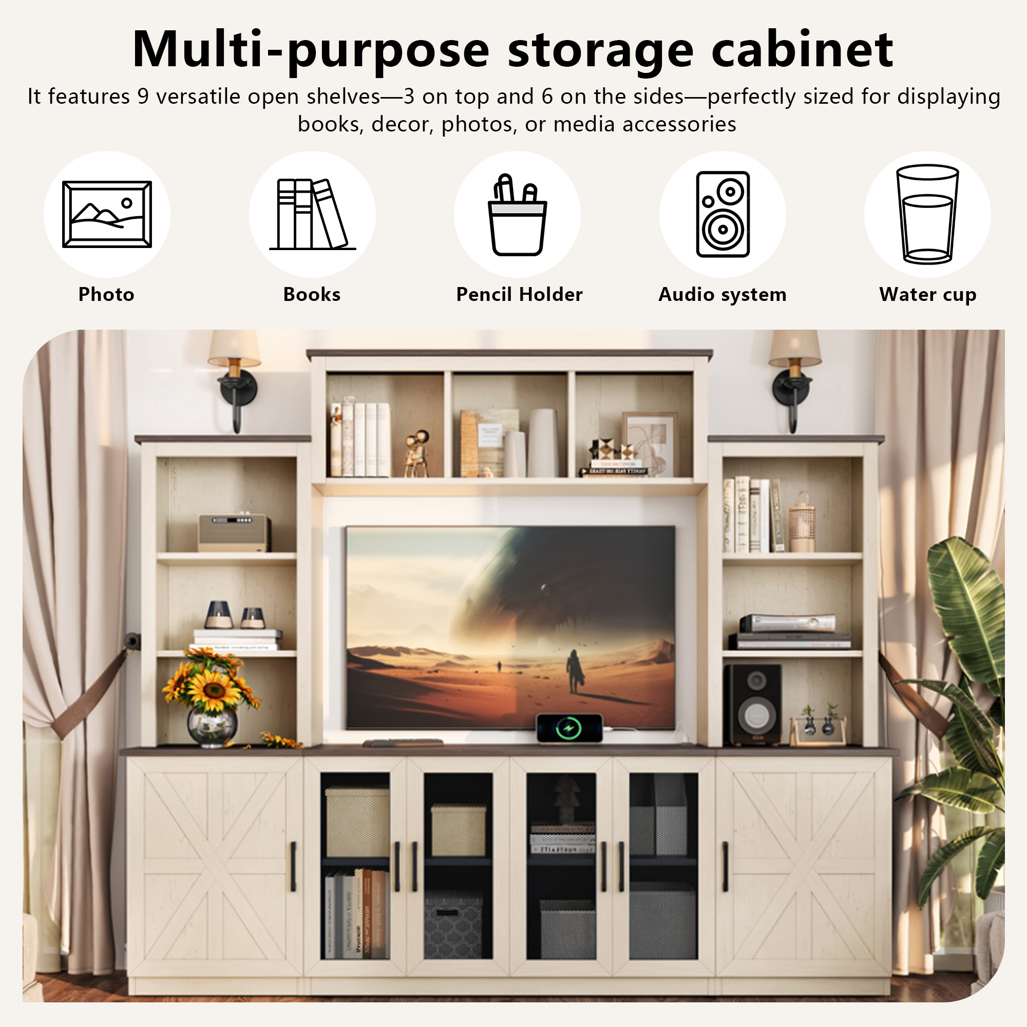 Wall Unit Entertainment Center with Charging Station and USB Charging for TVs,TV Stand with Large Storage Cabinet,Modern TV Stand Media Console with Cabinets,Beige - Image 5