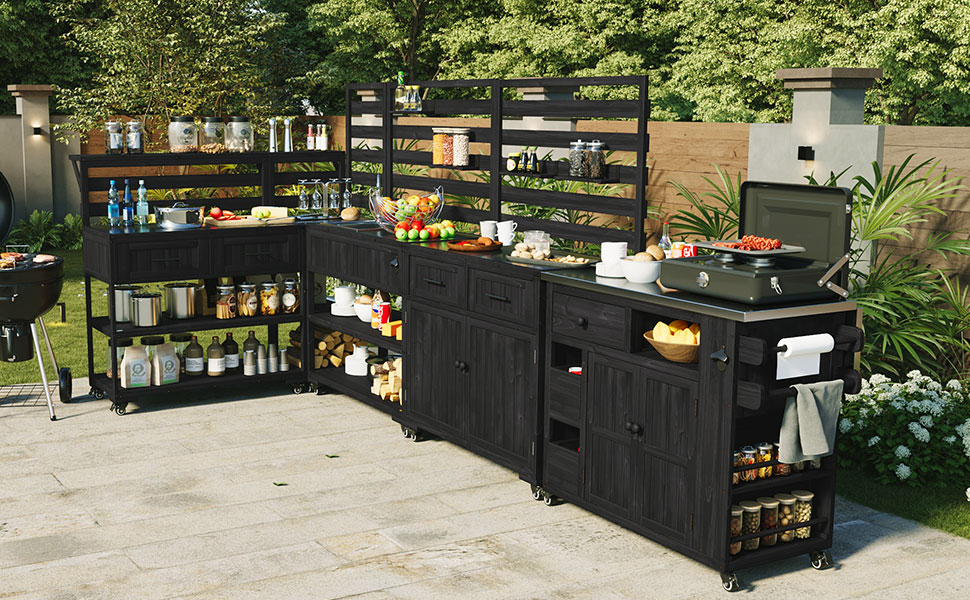 (With Assembly Video) TOPMAX 41.7'' Large Patio Rolling Kitchen Island Solid Wood Kitchen Cart with Sink, Garden Potting Bench with Stainless Table Top, 2 Movable Shelves and 1 Bottle Opener,Black - Image 2