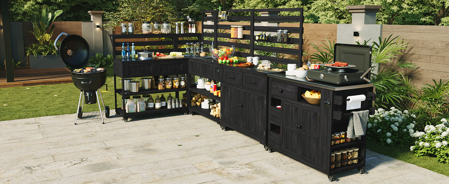 (With Assembly Video) TOPMAX 41.7'' Large Patio Rolling Kitchen Island Solid Wood Kitchen Cart with Sink, Garden Potting Bench with Stainless Table Top, 2 Movable Shelves and 1 Bottle Opener,Black - Image 3