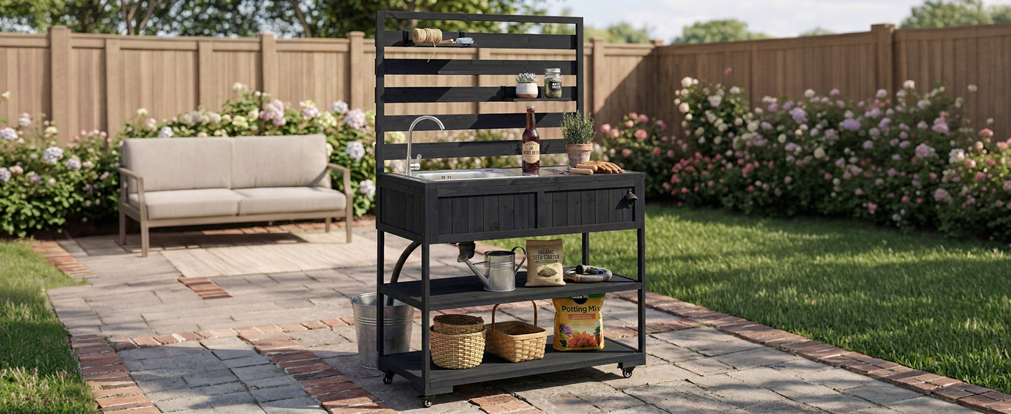 (With Assembly Video) TOPMAX 41.7'' Large Patio Rolling Kitchen Island Solid Wood Kitchen Cart with Sink, Garden Potting Bench with Stainless Table Top, 2 Movable Shelves and 1 Bottle Opener,Black - Image 4