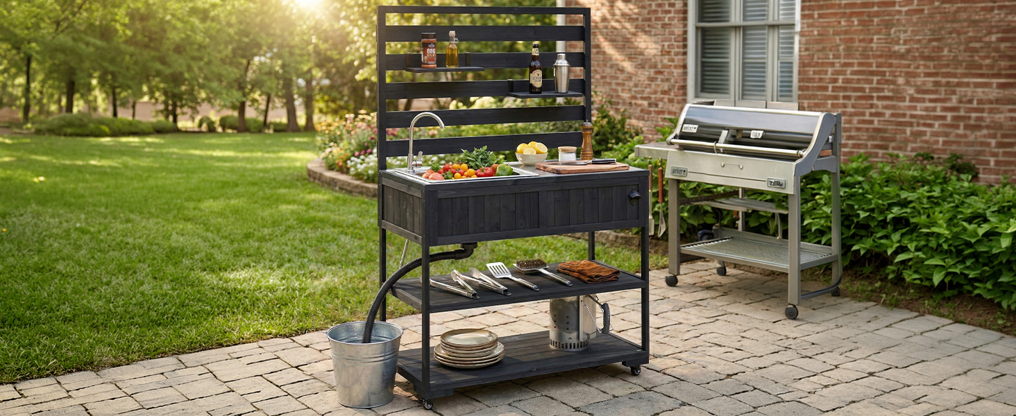 (With Assembly Video) TOPMAX 41.7'' Large Patio Rolling Kitchen Island Solid Wood Kitchen Cart with Sink, Garden Potting Bench with Stainless Table Top, 2 Movable Shelves and 1 Bottle Opener,Black - Image 5