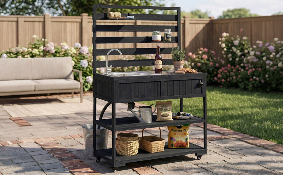 (With Assembly Video) TOPMAX 41.7'' Large Patio Rolling Kitchen Island Solid Wood Kitchen Cart with Sink, Garden Potting Bench with Stainless Table Top, 2 Movable Shelves and 1 Bottle Opener,Black - Image 6