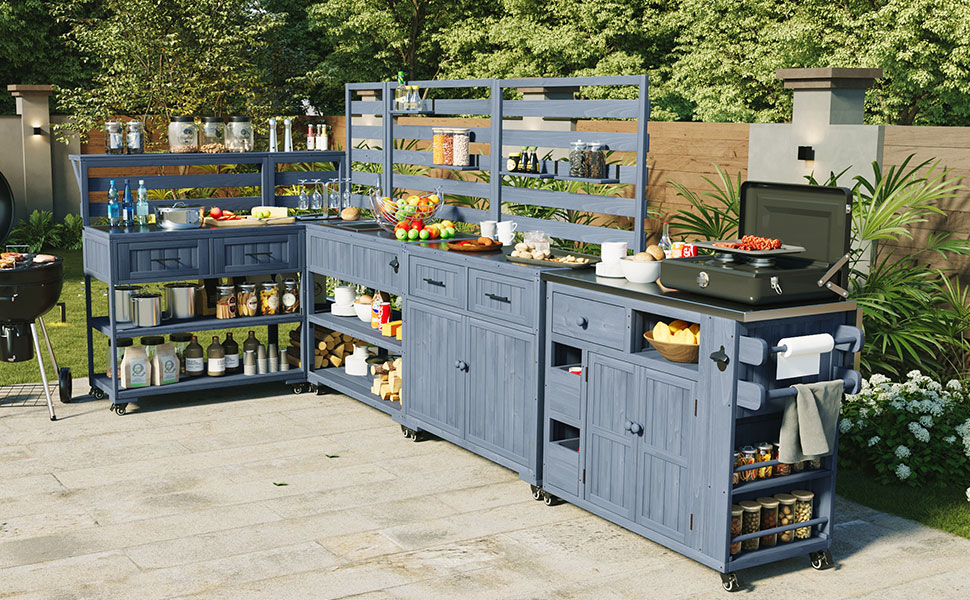 (With Assembly Video) TOPMAX 41.7'' Large Patio Rolling Kitchen Island Solid Wood Kitchen Cart with Sink, Garden Potting Bench with Stainless Table Top, 2 Movable Shelves and 1 Bottle Opener,Gray - Image 3