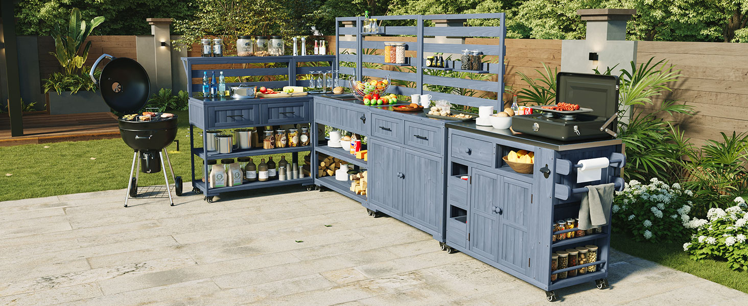 (With Assembly Video) TOPMAX 41.7'' Large Patio Rolling Kitchen Island Solid Wood Kitchen Cart with Sink, Garden Potting Bench with Stainless Table Top, 2 Movable Shelves and 1 Bottle Opener,Gray - Image 2