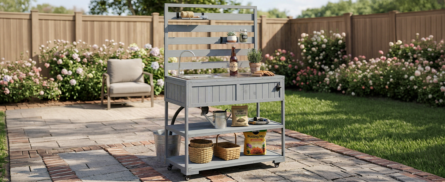 (With Assembly Video) TOPMAX 41.7'' Large Patio Rolling Kitchen Island Solid Wood Kitchen Cart with Sink, Garden Potting Bench with Stainless Table Top, 2 Movable Shelves and 1 Bottle Opener,Gray - Image 4