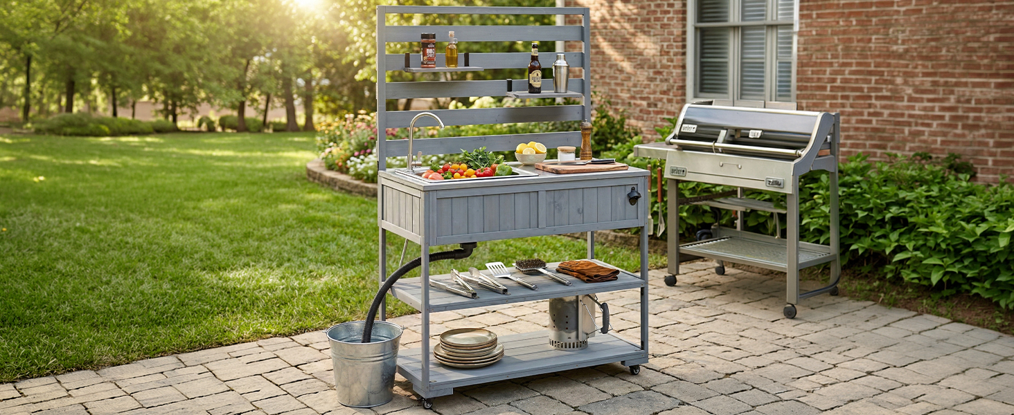 (With Assembly Video) TOPMAX 41.7'' Large Patio Rolling Kitchen Island Solid Wood Kitchen Cart with Sink, Garden Potting Bench with Stainless Table Top, 2 Movable Shelves and 1 Bottle Opener,Gray - Image 5