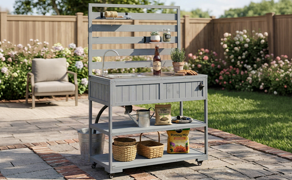 (With Assembly Video) TOPMAX 41.7'' Large Patio Rolling Kitchen Island Solid Wood Kitchen Cart with Sink, Garden Potting Bench with Stainless Table Top, 2 Movable Shelves and 1 Bottle Opener,Gray - Image 6