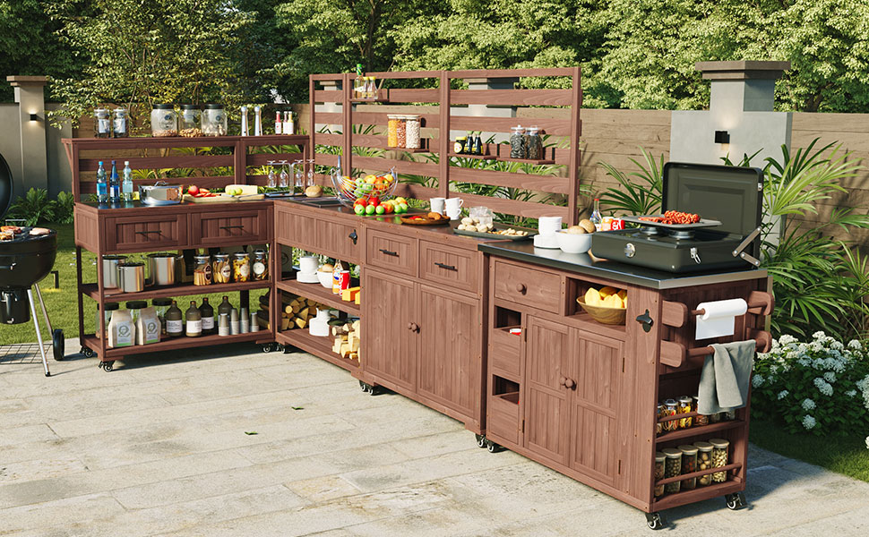 (With Assembly Video) TOPMAX 41.7'' Large Patio Rolling Kitchen Island Solid Wood Kitchen Cart with Sink, Garden Potting Bench with Stainless Table Top, 2 Movable Shelves and 1 Bottle Opener,Brown - Image 2