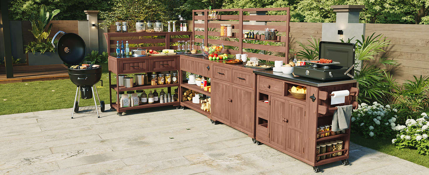 (With Assembly Video) TOPMAX 41.7'' Large Patio Rolling Kitchen Island Solid Wood Kitchen Cart with Sink, Garden Potting Bench with Stainless Table Top, 2 Movable Shelves and 1 Bottle Opener,Brown - Image 3