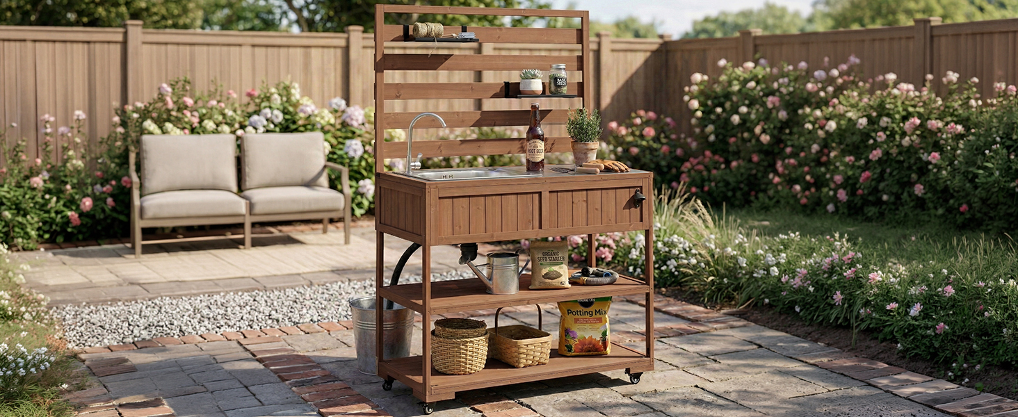(With Assembly Video) TOPMAX 41.7'' Large Patio Rolling Kitchen Island Solid Wood Kitchen Cart with Sink, Garden Potting Bench with Stainless Table Top, 2 Movable Shelves and 1 Bottle Opener,Brown - Image 4