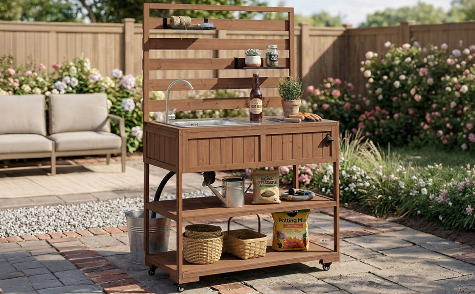 (With Assembly Video) TOPMAX 41.7'' Large Patio Rolling Kitchen Island Solid Wood Kitchen Cart with Sink, Garden Potting Bench with Stainless Table Top, 2 Movable Shelves and 1 Bottle Opener,Brown - Image 5