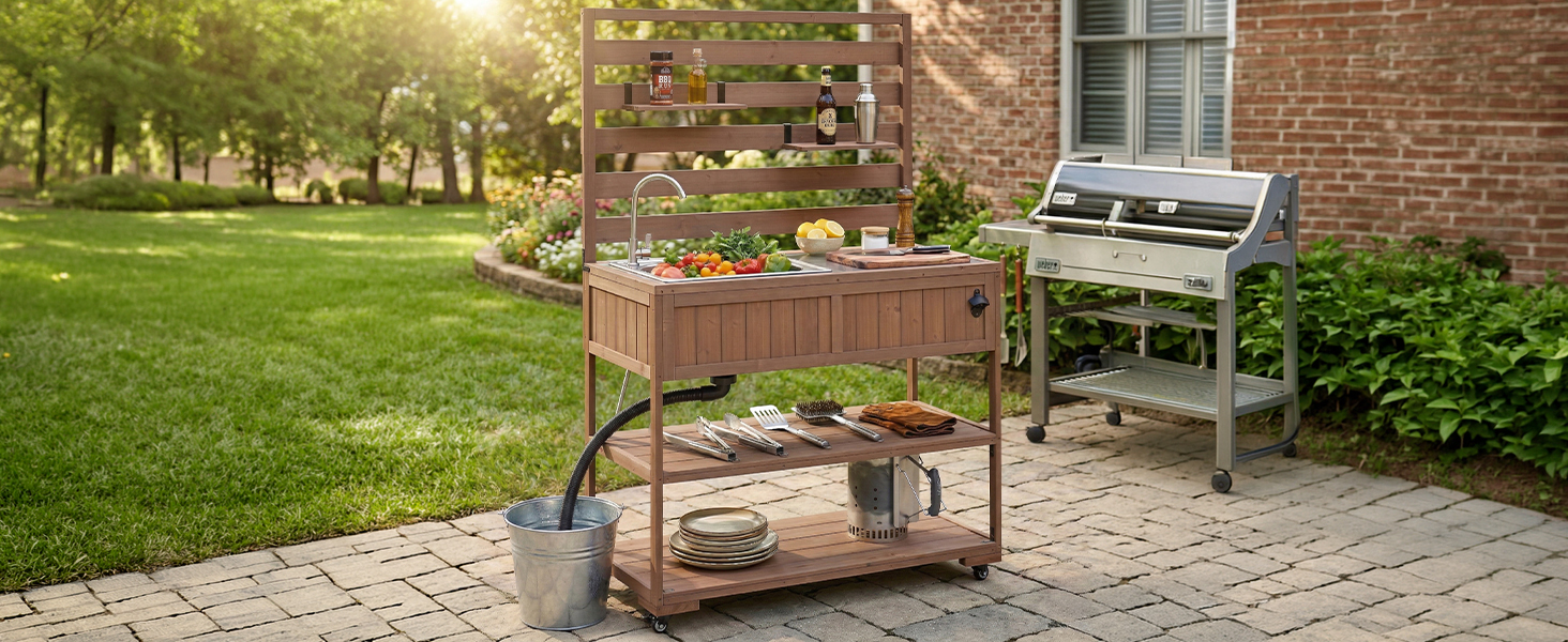 (With Assembly Video) TOPMAX 41.7'' Large Patio Rolling Kitchen Island Solid Wood Kitchen Cart with Sink, Garden Potting Bench with Stainless Table Top, 2 Movable Shelves and 1 Bottle Opener,Brown - Image 6