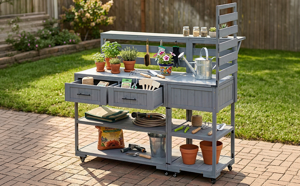 (With Assembly Video) TOPMAX 62.3'' Patio Kitchen Island Solid Wood Kitchen Cart with Stainless Table Top, Garden Potting Bench with Raised Shelf and Drawers, Grill Prep Table for BBQ, Party, Gray - Image 3