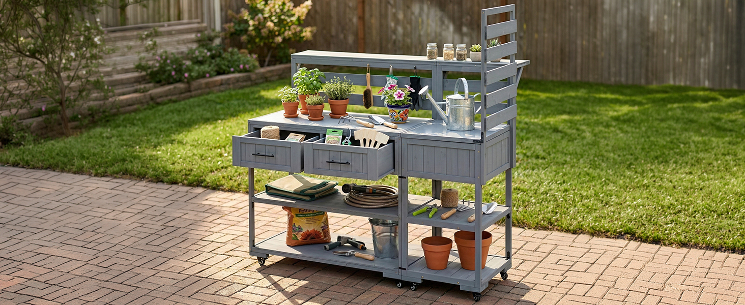 (With Assembly Video) TOPMAX 62.3'' Patio Kitchen Island Solid Wood Kitchen Cart with Stainless Table Top, Garden Potting Bench with Raised Shelf and Drawers, Grill Prep Table for BBQ, Party, Gray - Image 2