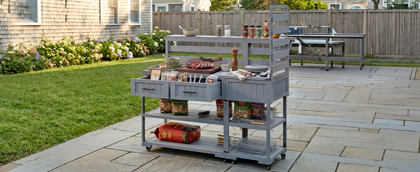 (With Assembly Video) TOPMAX 62.3'' Patio Kitchen Island Solid Wood Kitchen Cart with Stainless Table Top, Garden Potting Bench with Raised Shelf and Drawers, Grill Prep Table for BBQ, Party, Gray - Image 4