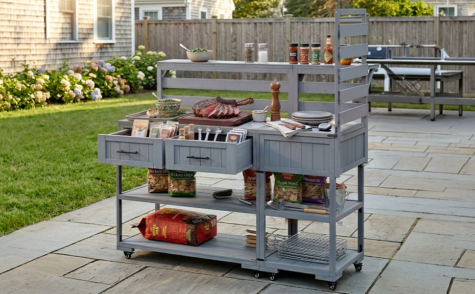 (With Assembly Video) TOPMAX 62.3'' Patio Kitchen Island Solid Wood Kitchen Cart with Stainless Table Top, Garden Potting Bench with Raised Shelf and Drawers, Grill Prep Table for BBQ, Party, Gray - Image 5