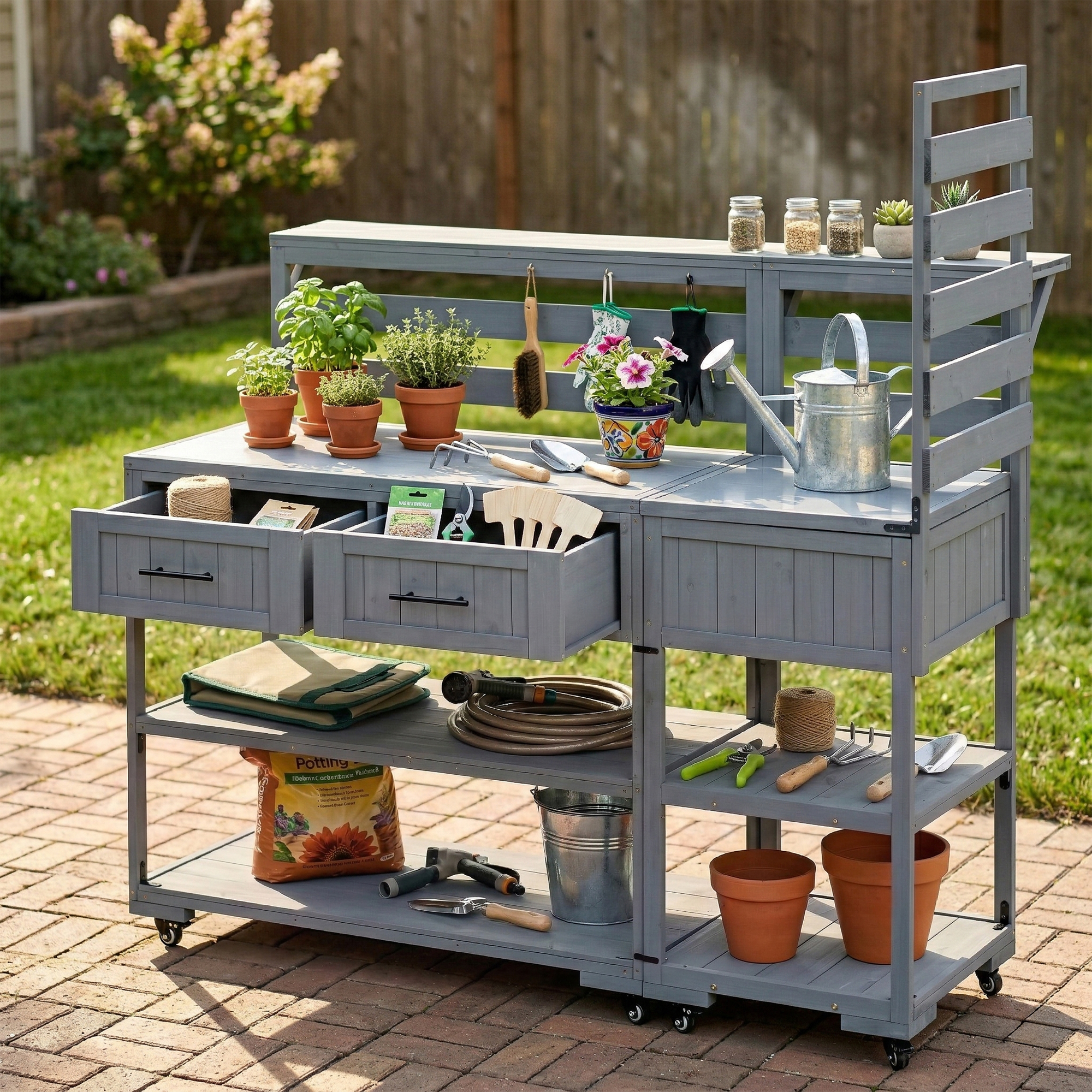 (With Assembly Video) TOPMAX 62.3'' Patio Kitchen Island Solid Wood Kitchen Cart with Stainless Table Top, Garden Potting Bench with Raised Shelf and Drawers, Grill Prep Table for BBQ, Party, Gray - Image 6