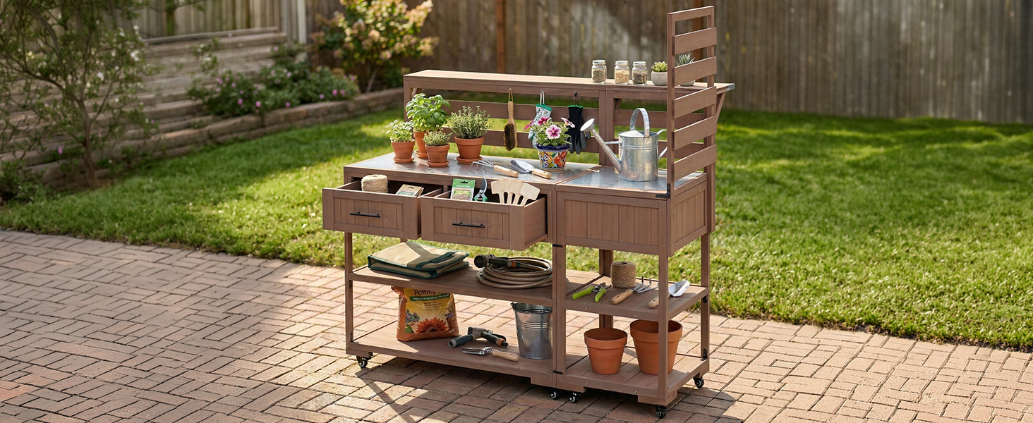 (With Assembly Video) TOPMAX 62.3'' Patio Kitchen Island Solid Wood Kitchen Cart with Stainless Table Top, Garden Potting Bench with Raised Shelf and Drawers, Grill Prep Table for BBQ, Party, Brown - Image 2