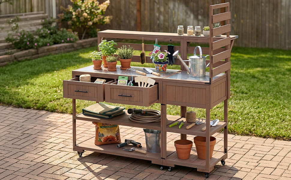 (With Assembly Video) TOPMAX 62.3'' Patio Kitchen Island Solid Wood Kitchen Cart with Stainless Table Top, Garden Potting Bench with Raised Shelf and Drawers, Grill Prep Table for BBQ, Party, Brown - Image 3