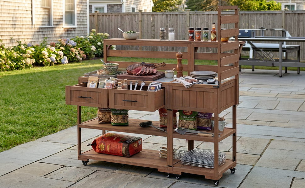 (With Assembly Video) TOPMAX 62.3'' Patio Kitchen Island Solid Wood Kitchen Cart with Stainless Table Top, Garden Potting Bench with Raised Shelf and Drawers, Grill Prep Table for BBQ, Party, Brown - Image 4