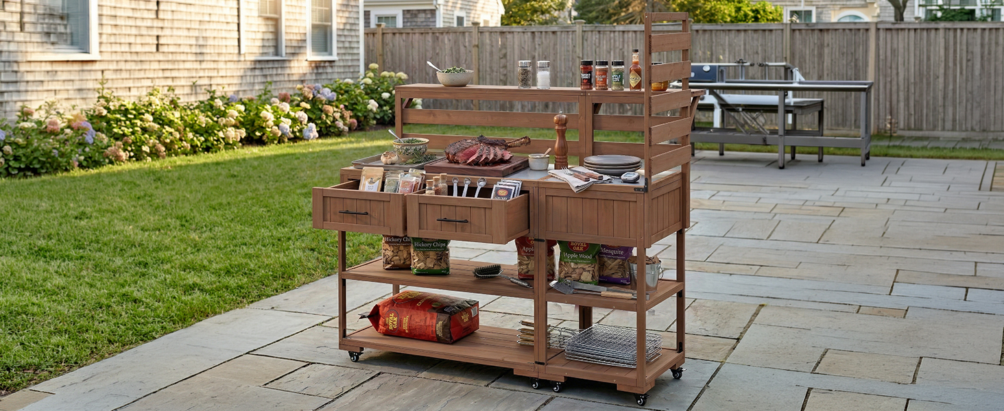 (With Assembly Video) TOPMAX 62.3'' Patio Kitchen Island Solid Wood Kitchen Cart with Stainless Table Top, Garden Potting Bench with Raised Shelf and Drawers, Grill Prep Table for BBQ, Party, Brown - Image 5