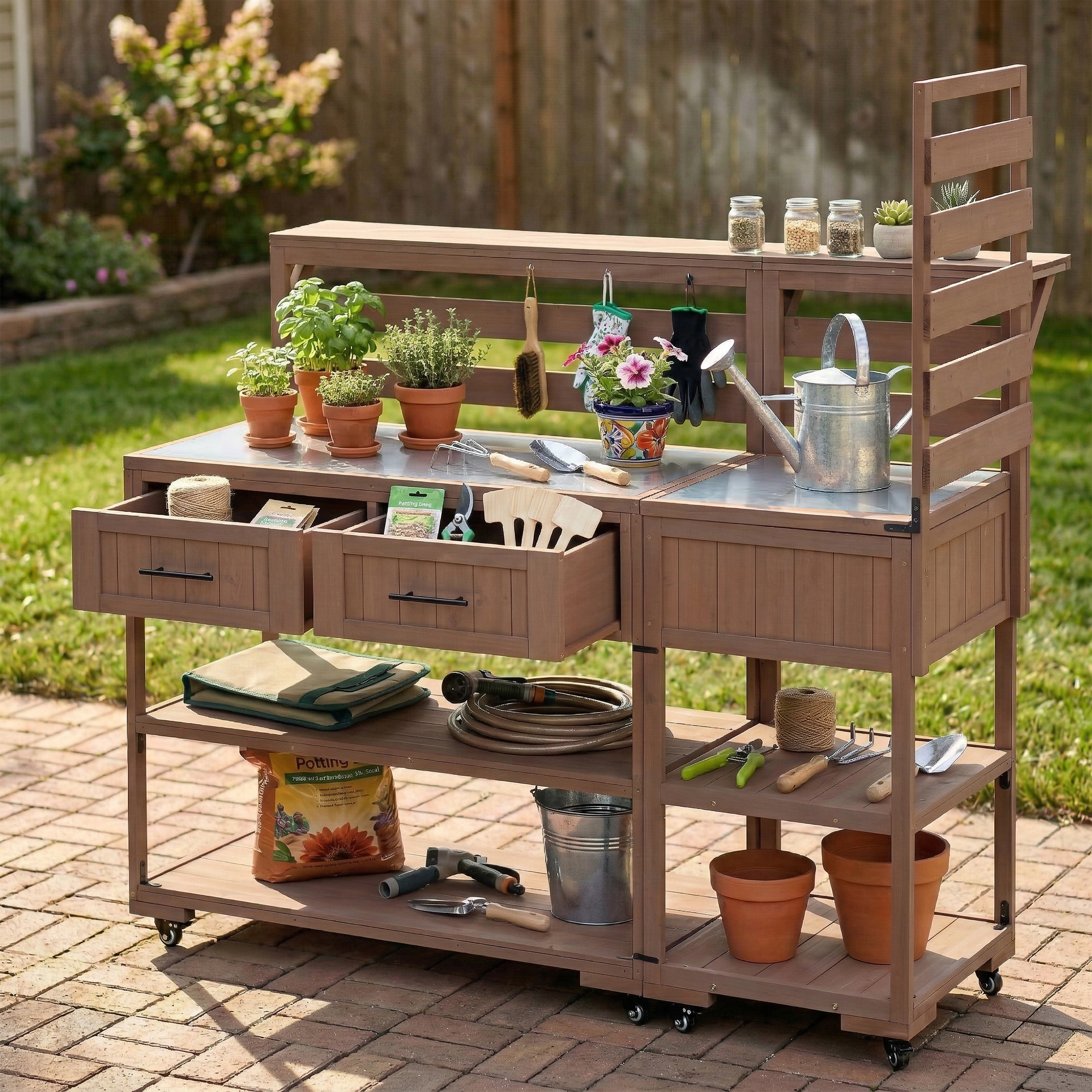 (With Assembly Video) TOPMAX 62.3'' Patio Kitchen Island Solid Wood Kitchen Cart with Stainless Table Top, Garden Potting Bench with Raised Shelf and Drawers, Grill Prep Table for BBQ, Party, Brown - Image 6