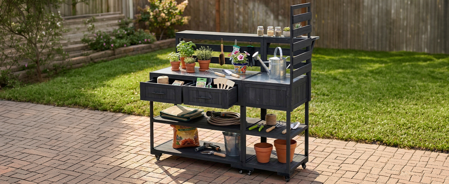 (With Assembly Video) TOPMAX 62.3'' Patio Kitchen Island Solid Wood Kitchen Cart with Stainless Table Top, Garden Potting Bench with Raised Shelf and Drawers, Grill Prep Table for BBQ, Party, Black - Image 2