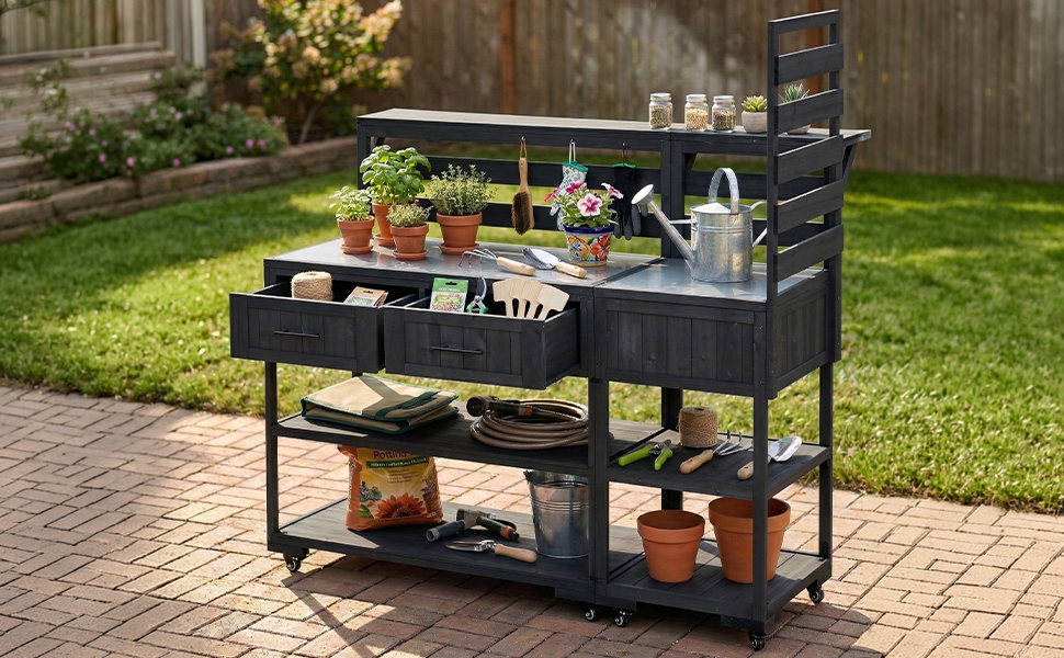 (With Assembly Video) TOPMAX 62.3'' Patio Kitchen Island Solid Wood Kitchen Cart with Stainless Table Top, Garden Potting Bench with Raised Shelf and Drawers, Grill Prep Table for BBQ, Party, Black - Image 3