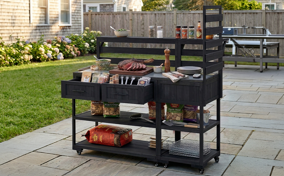 (With Assembly Video) TOPMAX 62.3'' Patio Kitchen Island Solid Wood Kitchen Cart with Stainless Table Top, Garden Potting Bench with Raised Shelf and Drawers, Grill Prep Table for BBQ, Party, Black - Image 4