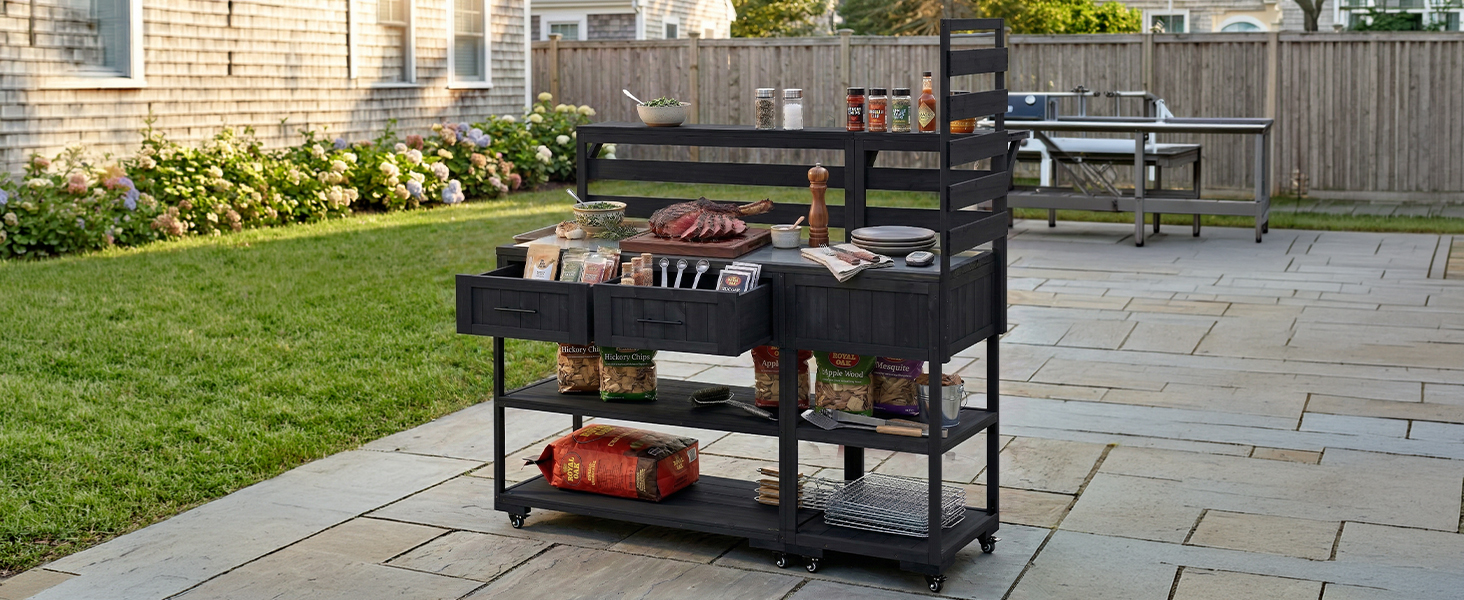 (With Assembly Video) TOPMAX 62.3'' Patio Kitchen Island Solid Wood Kitchen Cart with Stainless Table Top, Garden Potting Bench with Raised Shelf and Drawers, Grill Prep Table for BBQ, Party, Black - Image 5