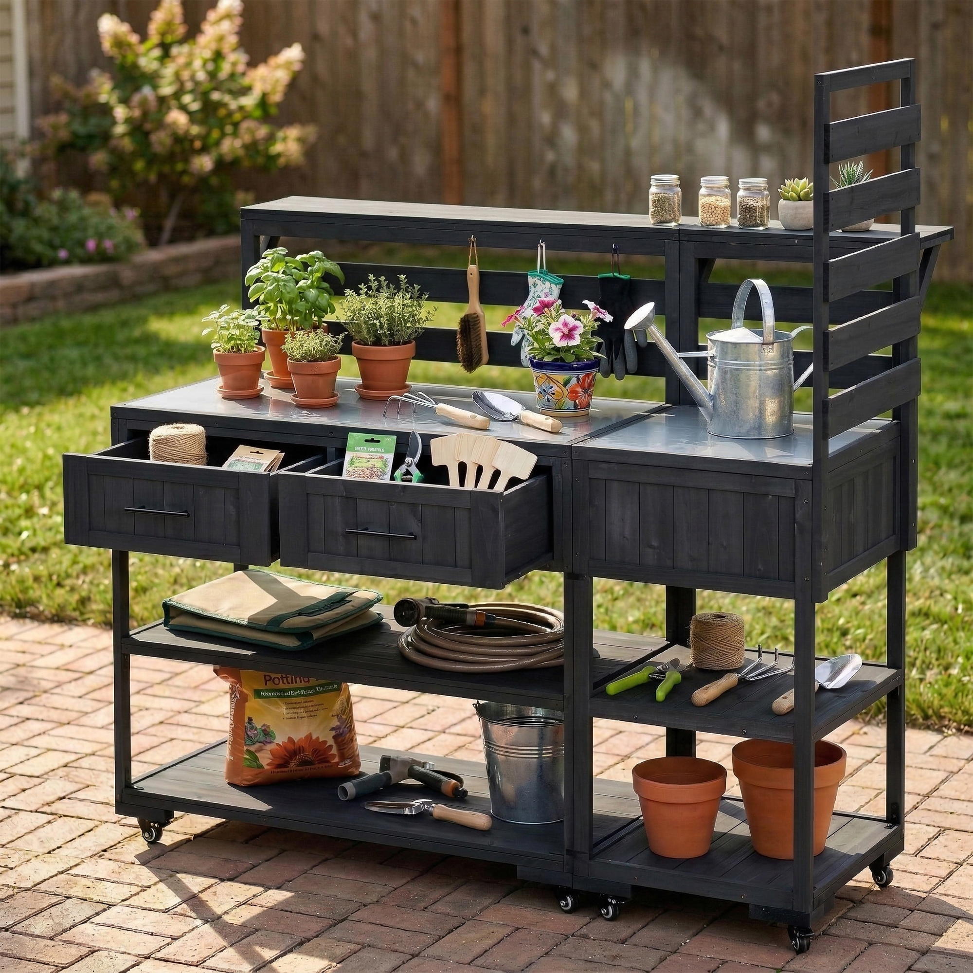 (With Assembly Video) TOPMAX 62.3'' Patio Kitchen Island Solid Wood Kitchen Cart with Stainless Table Top, Garden Potting Bench with Raised Shelf and Drawers, Grill Prep Table for BBQ, Party, Black - Image 6