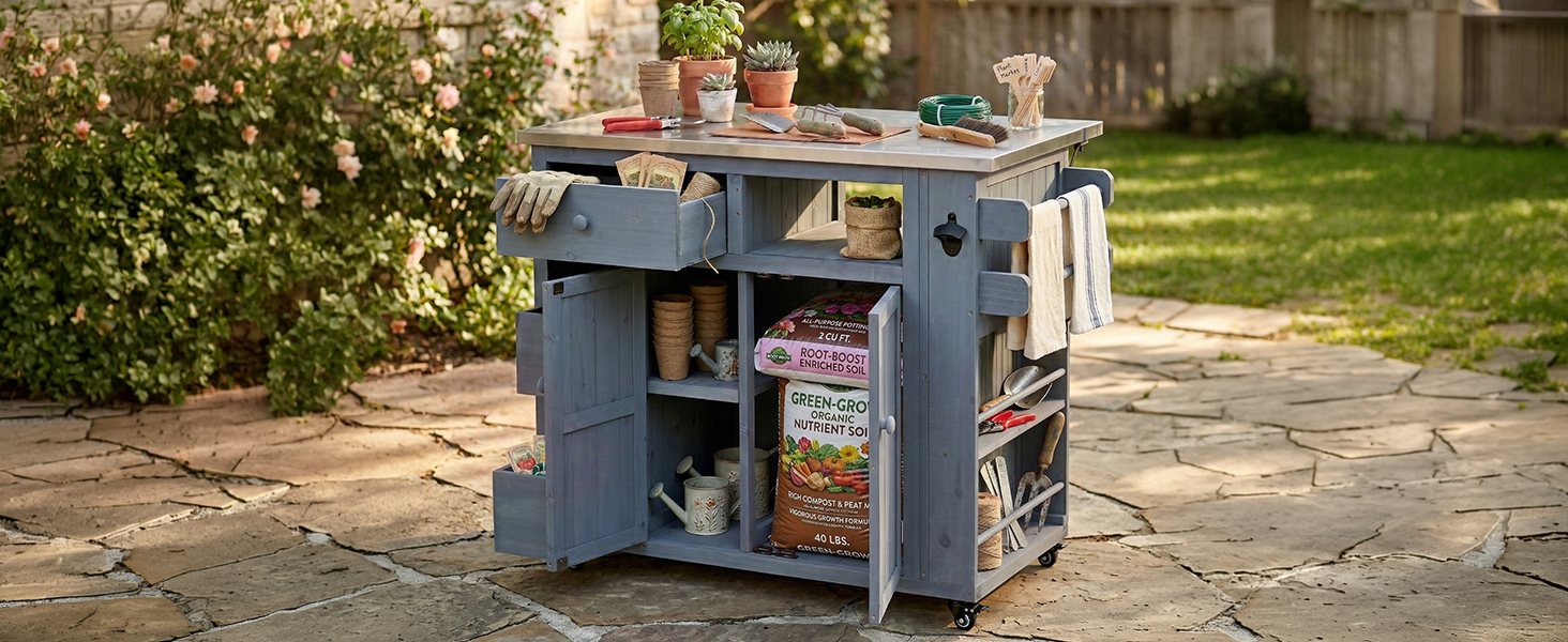 TOPMAX Outdoor Solid Wood Extendable 19.3''/28'' Kitchen Island, Stainless Steel Top Grill Table with Side Spice Rack, Kitchen Cart with Drawers, Storage Cabinet for Backyard, BBQ,Party, Gray - Image 2