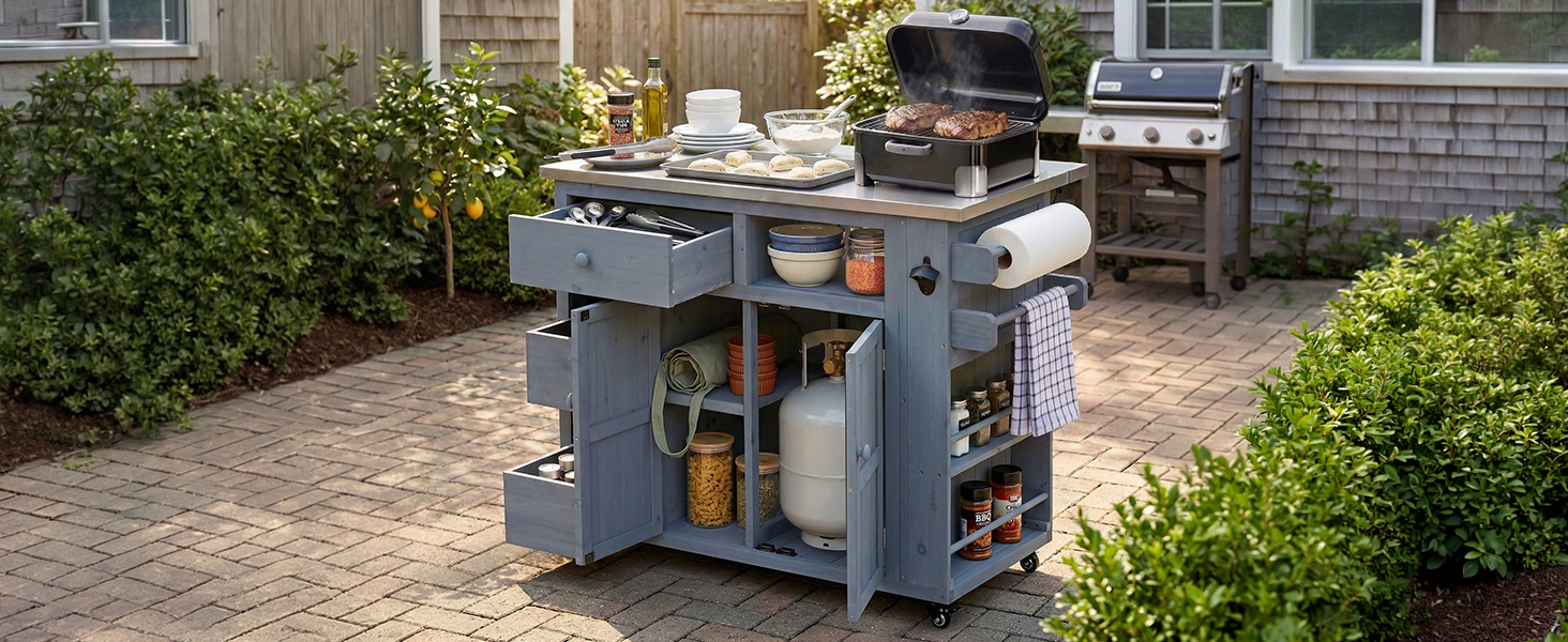 TOPMAX Outdoor Solid Wood Extendable 19.3''/28'' Kitchen Island, Stainless Steel Top Grill Table with Side Spice Rack, Kitchen Cart with Drawers, Storage Cabinet for Backyard, BBQ,Party, Gray - Image 3