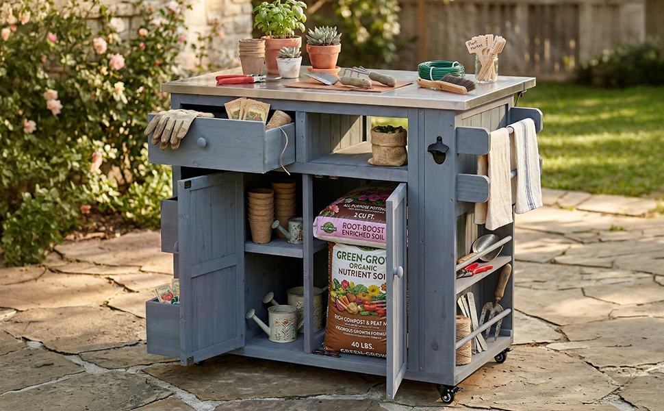 TOPMAX Outdoor Solid Wood Extendable 19.3''/28'' Kitchen Island, Stainless Steel Top Grill Table with Side Spice Rack, Kitchen Cart with Drawers, Storage Cabinet for Backyard, BBQ,Party, Gray - Image 4