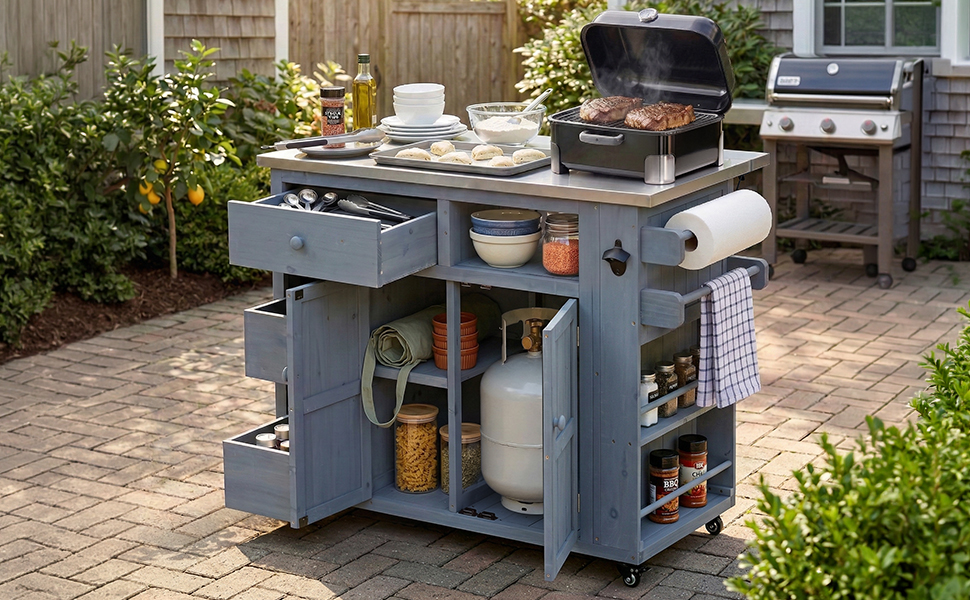TOPMAX Outdoor Solid Wood Extendable 19.3''/28'' Kitchen Island, Stainless Steel Top Grill Table with Side Spice Rack, Kitchen Cart with Drawers, Storage Cabinet for Backyard, BBQ,Party, Gray - Image 5