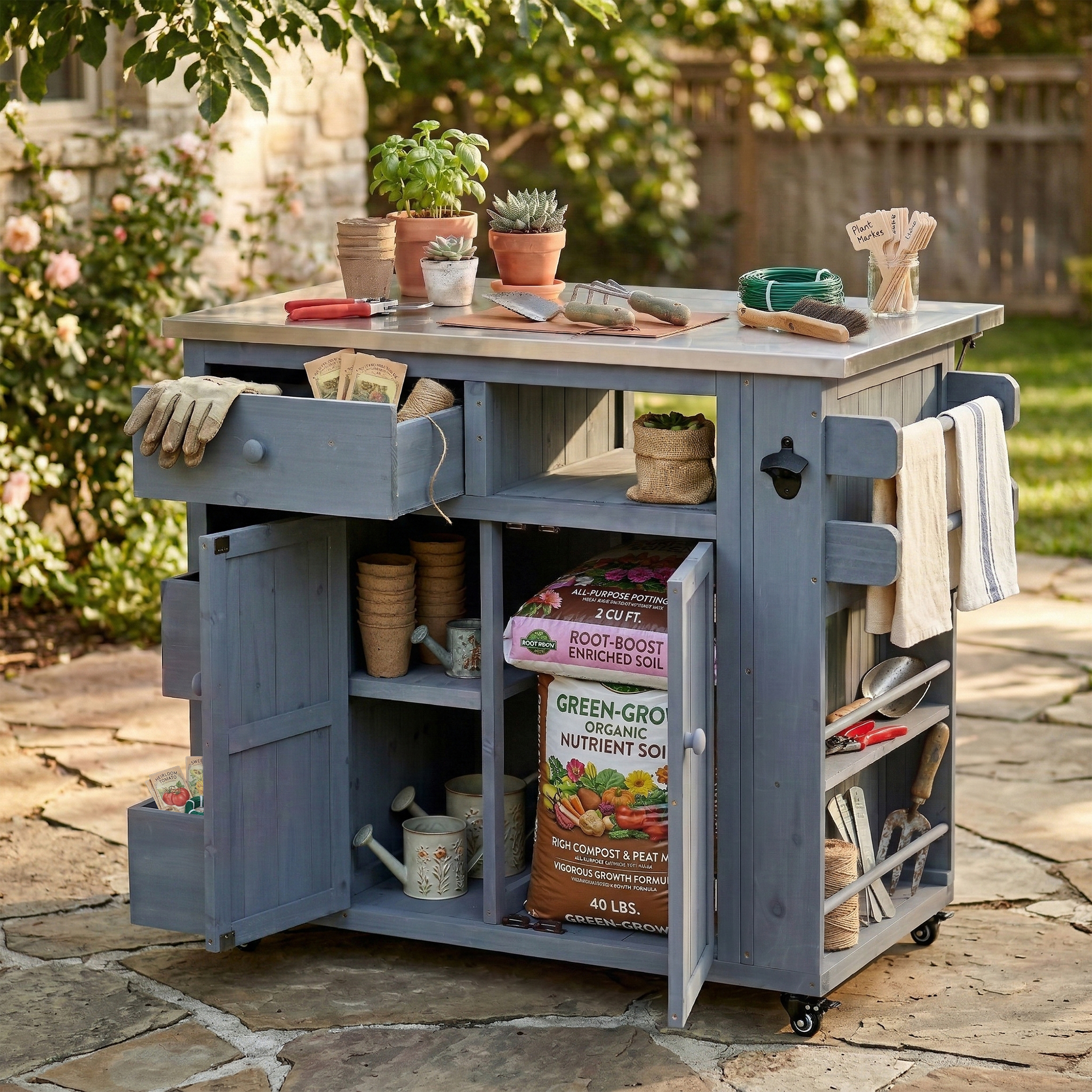 TOPMAX Outdoor Solid Wood Extendable 19.3''/28'' Kitchen Island, Stainless Steel Top Grill Table with Side Spice Rack, Kitchen Cart with Drawers, Storage Cabinet for Backyard, BBQ,Party, Gray - Image 6