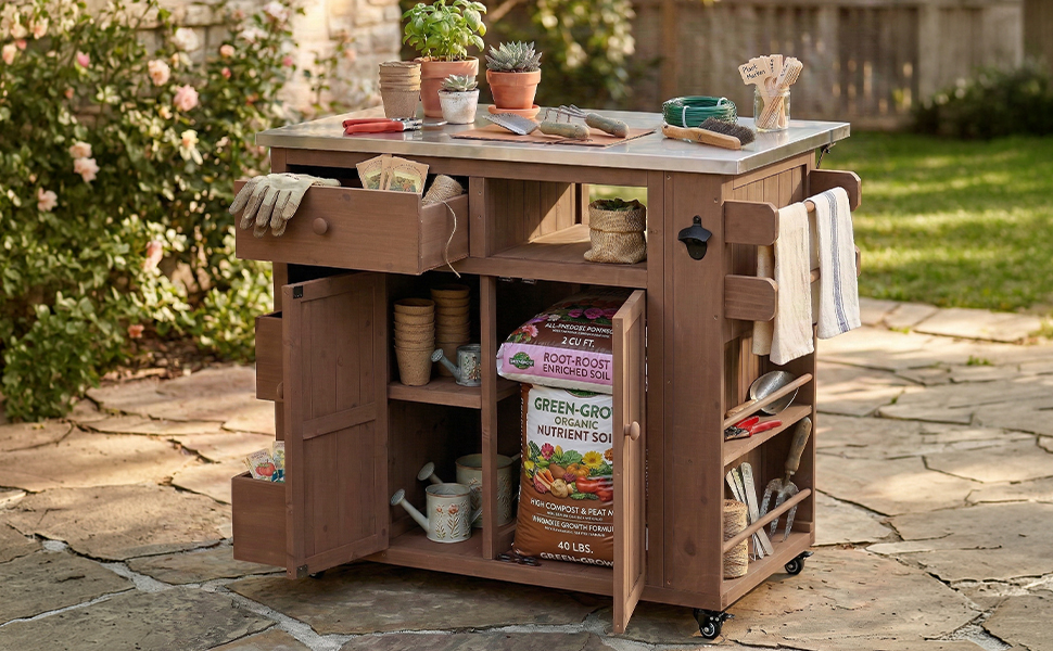 TOPMAX Outdoor Solid Wood Extendable 19.3''/28'' Kitchen Island, Stainless Steel Top Grill Table with Side Spice Rack, Kitchen Cart with Drawers, Storage Cabinet for Backyard, BBQ,Party, Brown - Image 2