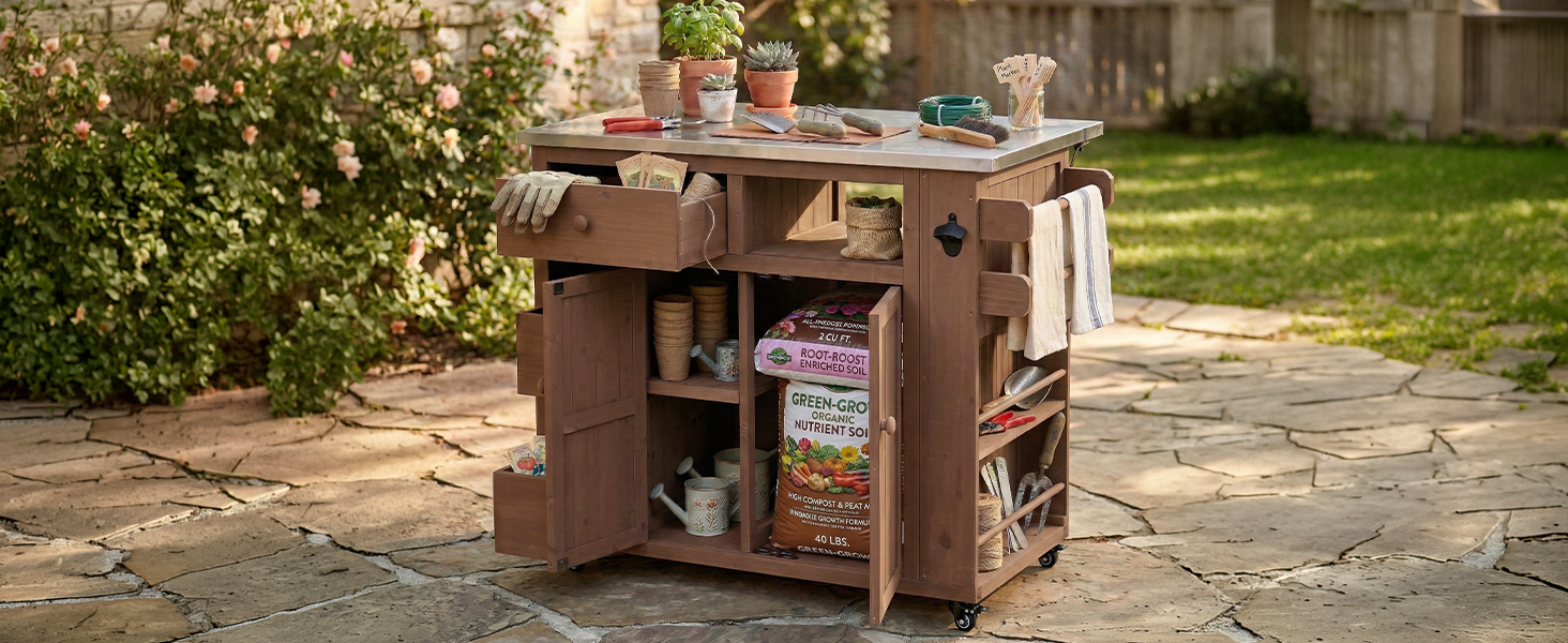 TOPMAX Outdoor Solid Wood Extendable 19.3''/28'' Kitchen Island, Stainless Steel Top Grill Table with Side Spice Rack, Kitchen Cart with Drawers, Storage Cabinet for Backyard, BBQ,Party, Brown - Image 3