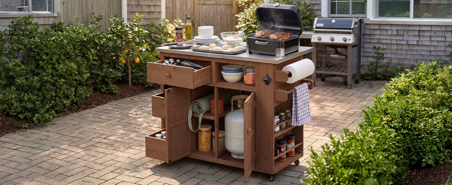 TOPMAX Outdoor Solid Wood Extendable 19.3''/28'' Kitchen Island, Stainless Steel Top Grill Table with Side Spice Rack, Kitchen Cart with Drawers, Storage Cabinet for Backyard, BBQ,Party, Brown - Image 4