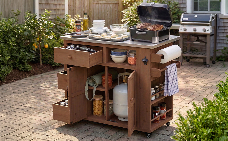 TOPMAX Outdoor Solid Wood Extendable 19.3''/28'' Kitchen Island, Stainless Steel Top Grill Table with Side Spice Rack, Kitchen Cart with Drawers, Storage Cabinet for Backyard, BBQ,Party, Brown - Image 5