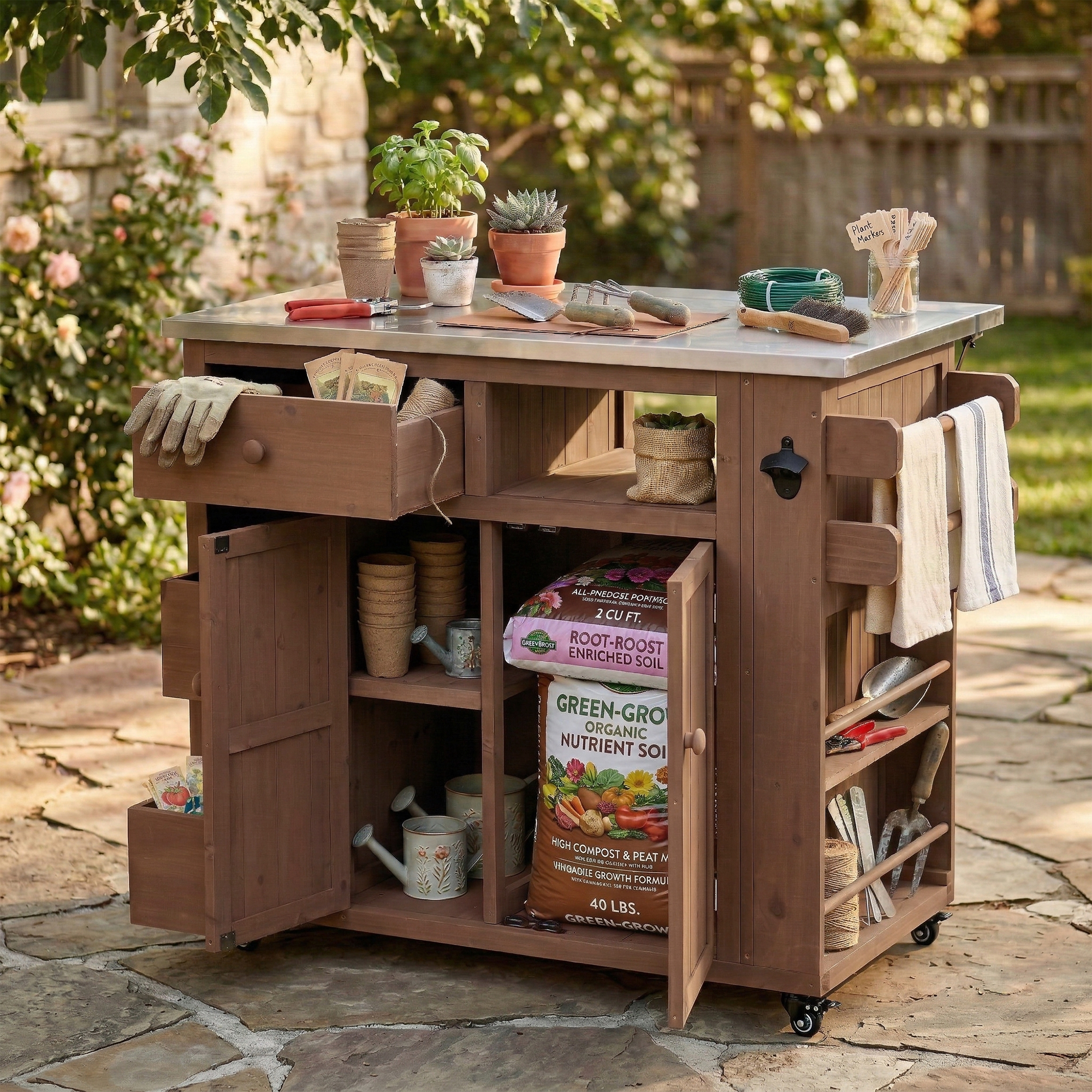 TOPMAX Outdoor Solid Wood Extendable 19.3''/28'' Kitchen Island, Stainless Steel Top Grill Table with Side Spice Rack, Kitchen Cart with Drawers, Storage Cabinet for Backyard, BBQ,Party, Brown - Image 6